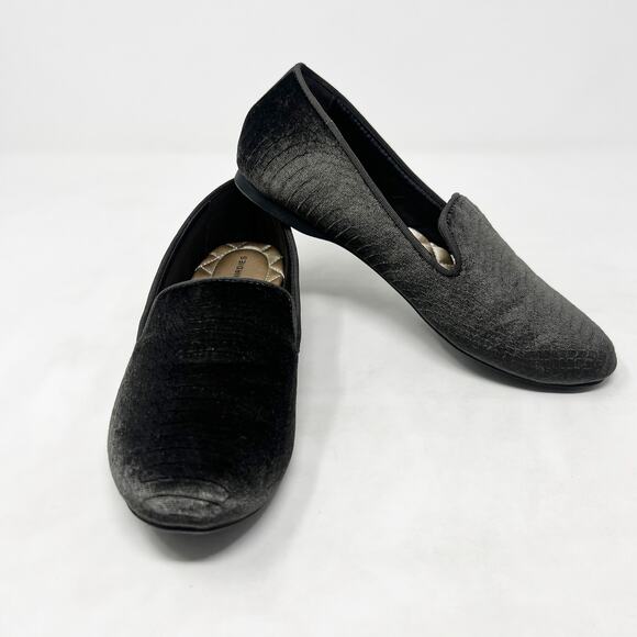 [Birdies] Starling Charcoal Gray Python Print Velour Slip On Loafer Flats Sz 6.5 - Picture 2 of 12
